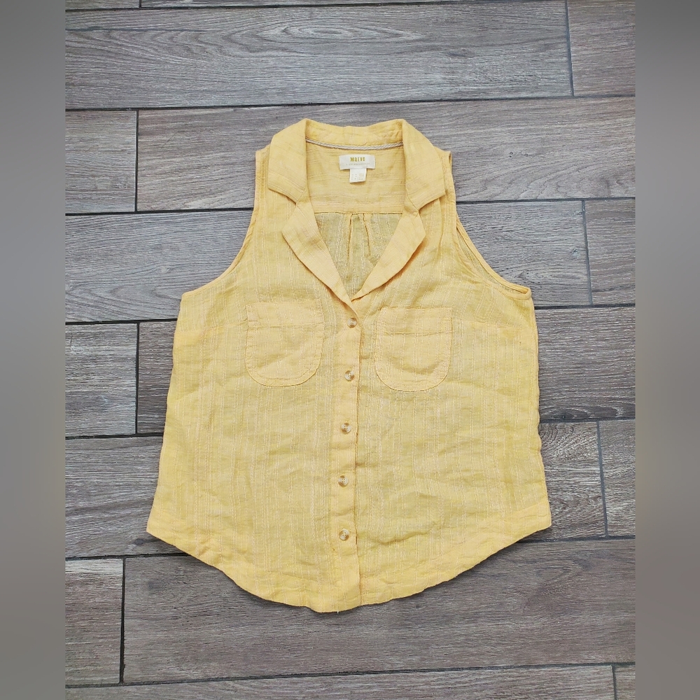 Anthropologie Maeve linen blend pastel yellow sleeveless collared shirt blouse